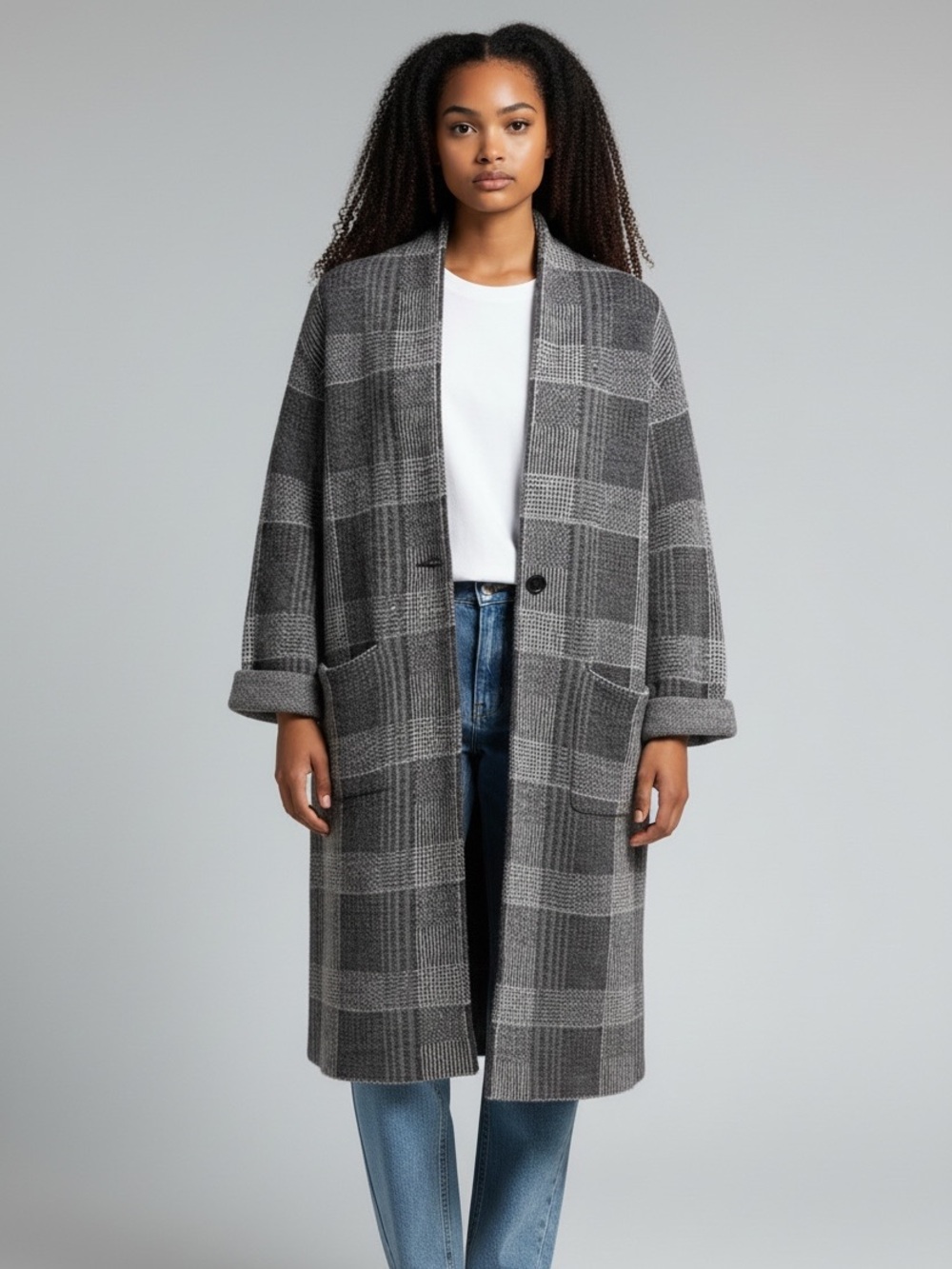 Wilfred Merino Wool Grey Plaid Cardigan Coat Size M
